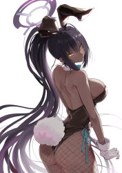 Rule 34 | 1girl, absurdres, ahoge, animal ears, ass, backless leotard, backless outfit, bare arms, bare back, bare shoulders, black hair, black leotard, blue archive, blue bow, blue bowtie, bow, bowtie, breasts, clip studio paint (medium), collar, cowboy shot, dark-skinned female, dark skin, detached collar, eudetenis, fake tail, fishnet pantyhose, fishnets, floating hair, from behind, gloves, hair between eyes, halo, high ponytail, highres, karin (blue archive), karin (bunny) (blue archive), large breasts, leotard, long hair, looking at viewer, looking back, median furrow, official alternate costume, pantyhose, parted lips, playboy bunny, rabbit ears, rabbit tail, shoulder blades, side-tie leotard, sideboob, simple background, solo, tail, tsurime, very long hair, white background, white collar, white gloves, white wrist cuffs, wrist cuffs, yellow eyes
