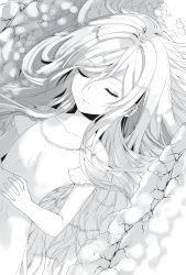 Rule 34 | 1girl, avrora florestina, collarbone, closed eyes, greyscale, hair between eyes, highres, long hair, lying, manyako (mohumohu), monochrome, novel illustration, official art, on back, short sleeves, sleeping, solo, strike the blood, very long hair