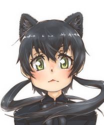 Rule 34 | 1girl, :&lt;, animal ear fluff, animal ears, black bow, black bowtie, black hair, black leopard (kemono friends), bow, bowtie, commentary request, extra ears, green eyes, hair between eyes, highres, kemono friends, leopard ears, long hair, looking at viewer, low twintails, portrait, simple background, solo, thin (suzuneya), twintails, white background