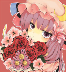 Rule 34 | 1girl, :&lt;, blush, bouquet, crescent, crescent moon, dated, eyelashes, female focus, flower, hat, mob cap, moon, niji (nijioki), outline, patchouli knowledge, pink hat, purple eyes, purple hair, red flower, red rose, rose, solo, touhou, white outline