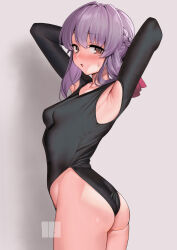 Rule 34 | 1girl, absurdres, armpit cutout, armpits, arms behind head, arms up, ass, athletic leotard, bare shoulders, blush, braid, breasts, brown eyes, clothing cutout, commentary request, commission, cowboy shot, from behind, grey background, highleg, highres, hiiragi shinoa, leotard, looking at viewer, looking back, nanja, owari no seraph, purple hair, simple background, small breasts, solo, standing