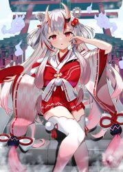 Rule 34 | 1girl, blush, colored tips, commentary request, cup, gradient legwear, highres, holding, holding cup, hololive, horns, karma (nakiri ayame), long hair, long sleeves, looking at viewer, multicolored hair, nakiri ayame, nakiri ayame (shrine maiden), nontraditional miko, outdoors, parted lips, pink hair, red eyes, red hair, ribbon-trimmed sleeves, ribbon trim, sakazuki, shinka (yonkun121), shiranui (nakiri ayame), skin-covered horns, streaked hair, thighhighs, torii, very long hair, virtual youtuber, white hair, wide sleeves, yagasuri, zettai ryouiki