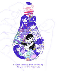 Rule 34 | 2girls, 4boys, aubrey (headspace) (omori), aubrey (omori), bacon, ball, basil (headspace) (omori), basil (omori), basket, black eyes, black hair, blush, cactus, cat, closed eyes, closed mouth, colored skin, english text, facing viewer, flower, food, forest bunny (omori), fried egg, grin, head wreath, hero (headspace) (omori), hero (omori), highres, holding, holding ball, holding basket, holding knife, holding plate, kel (headspace) (omori), kel (omori), knife, long hair, looking at viewer, mari (headspace) (omori), mari (omori), mewo, multiple boys, multiple girls, neckerchief, omori, omori (omori), open mouth, parted lips, plant, plate, purple eyes, purple hair, red neckerchief, short hair, shorts, smile, something (omori), spoilers, sprout mole, sunflower, syouryuu, tank top, teeth, thorns, vines, white skin
