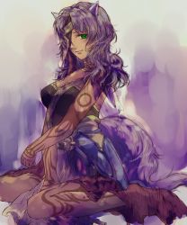 Rule 34 | 1girl, animal ears, breasts, cleavage, eyepatch, fire emblem, fire emblem: radiant dawn, green eyes, highres, jewelry, long hair, messy hair, nailah (fire emblem), necklace, nintendo, sitting, solo, tail, tattoo, ton (254125), wariza, wolf ears, wolf tail