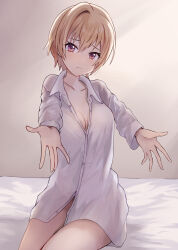 Rule 34 | 1girl, absurdres, andon, bed sheet, blonde hair, blush, breasts, cleavage, closed mouth, collarbone, dot nose, hair between eyes, highres, idolmaster, idolmaster shiny colors, incoming hug, indoors, long sleeves, looking at viewer, naked shirt, on bed, open hands, partially unbuttoned, purple eyes, reaching, reaching towards viewer, saijo juri, shirt, short hair, shy, sitting, small breasts, solo, white shirt