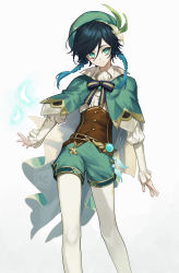 Rule 34 | 1boy, absurdres, androgynous, beret, black hair, blue hair, braid, brooch, cape, closed mouth, collared cape, collared shirt, commentary, eyebrows hidden by hair, feathers, feet out of frame, frilled sleeves, frills, genshin impact, gradient background, gradient hair, green cape, green eyes, green hat, green shorts, grey background, hair between eyes, hat, highres, itou (very ito), jewelry, juliet sleeves, legs, long bangs, long sleeves, looking at viewer, male focus, multicolored hair, pantyhose, pantyhose under shorts, puffy sleeves, shirt, shorts, smile, solo, standing, swept bangs, twin braids, underbust, venti (genshin impact), vision (genshin impact), white shirt