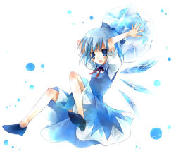 Rule 34 | 1girl, arms up, blue dress, blue eyes, blue hair, cirno, crystal, dress, embodiment of scarlet devil, fairy, fairy wings, female focus, full body, ice, ice wings, matching hair/eyes, puffy short sleeves, puffy sleeves, shoes, short hair, short sleeves, simple background, solo, suzushiro kurumi, touhou, white background, wings