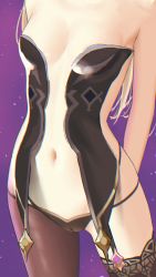 Rule 34 | 1girl, absurdres, bare arms, bare shoulders, black panties, black thighhighs, blonde hair, breasts, close-up, eleaaa, fischl (genshin impact), genshin impact, highres, navel, pale skin, panties, revealing clothes, single thighhigh, sleeveless, small breasts, solo, stomach, thighhighs, underwear