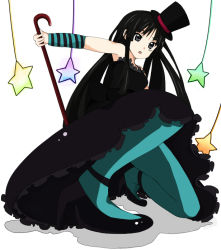 Rule 34 | 1girl, akiyama mio, black dress, black eyes, black hair, blush, breasts, don&#039;t say &quot;lazy&quot;, dress, hat, hime cut, k-on!, large breasts, long hair, pantyhose, simple background, solo, star (symbol), top hat