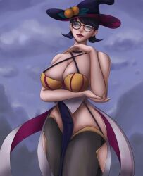 Rule 34 | 1girl, arm under breasts, black hair, breasts, glasses, hat, kaokacique, large breasts, pelvic curtain, potionomics, roxanne (potionomics), thighhighs, wide hips, witch hat