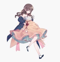 Rule 34 | 1girl, bare shoulders, black footwear, blue jacket, brown eyes, brown hair, chinese knot, closed mouth, detached collar, dress, full body, grey background, haori, highres, jacket, japanese clothes, long hair, looking at viewer, nz2ddndi, off shoulder, project sekai, shinonome ena, shoes, simple background, socks, solo, tagme, white socks, yellow dress
