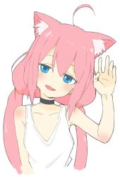 Rule 34 | 1girl, :d, absurdres, animal ear fluff, animal ears, bad id, bad twitter id, black choker, blue eyes, blush, cat ears, choker, donguri suzume, fang, hand up, highres, hinata channel, looking at viewer, low twintails, nekomiya hinata, open mouth, pink hair, shirt, smile, solo, twintails, upper body, virtual youtuber, waving, white shirt