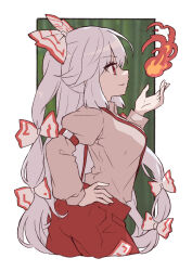 Rule 34 | 1girl, ahase hino, arm strap, bow, closed mouth, collared shirt, commentary request, cropped legs, fire, from side, fujiwara no mokou, grey hair, grey shirt, hair bow, hand on own hip, hand up, highres, juliet sleeves, long hair, long sleeves, ofuda, ofuda on clothes, pants, profile, puffy sleeves, red bow, red eyes, red pants, shirt, sideways mouth, solo, suspenders, touhou, two-tone bow, very long hair, white bow
