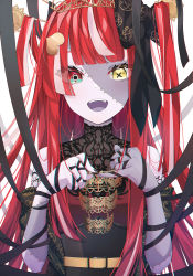 Rule 34 | 1girl, :d, black bow, black nails, black ribbon, bow, commentary request, eyes visible through hair, fingernails, hair bow, hair ornament, hair stick, hands up, heart, heart hair ornament, heterochromia, highres, hololive, hololive indonesia, infinity (kkx132), kureiji ollie, long hair, looking at viewer, multicolored hair, nail polish, open mouth, patchwork skin, red eyes, red hair, ribbon, romaji commentary, silver hair, simple background, smile, solo, stitched arm, stitched face, stitches, teeth, two-tone hair, upper body, upper teeth only, virtual youtuber, white background, yellow eyes
