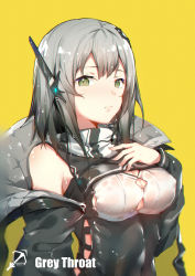 Rule 34 | 1girl, absurdres, arknights, bare shoulders, black jacket, breasts, commentary request, grey eyes, greythroat (arknights), hand on own chest, highres, jacket, long hair, looking at viewer, medium breasts, off shoulder, open clothes, open jacket, silver hair, simple background, solo, upper body, yellow background, yumuto (spring1786)