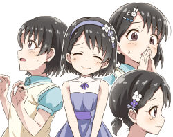 Rule 34 | 1girl, ^ ^, black hair, blue bow, blue shirt, blush, bow, braid, braided bangs, closed eyes, closed mouth, collared shirt, commentary request, covered collarbone, dress shirt, flo (guilty hearts), flower, hair bow, hair flower, hair ornament, hairclip, idolmaster, idolmaster cinderella girls, idolmaster cinderella girls u149, low ponytail, multiple views, parted bangs, ponytail, puffy short sleeves, puffy sleeves, purple flower, rabbit hair ornament, sasaki chie, shirt, short sleeves, simple background, sweater vest, white background, white flower