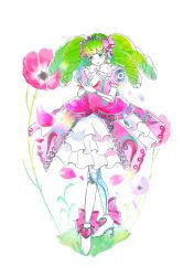 Rule 34 | 1girl, absurdres, blue eyes, boots, bow, bowtie, crossed legs, dress, drill hair, elbow gloves, falulu, floral background, flower request, footwear bow, frilled bow, frilled dress, frills, full body, gem, gloves, hair bow, hayasaka megumi, headphones, heart, high heel boots, high heels, highres, idol, layered dress, lipstick, long hair, looking at hand, makeup, petals, pink bow, pink dress, pink lips, pretty series, pripara, puffy short sleeves, puffy sleeves, short sleeves, simple background, solo, thigh boots, thighhighs, tiara, twin drills, twintails, white background, white bow, white bowtie, white dress, white footwear