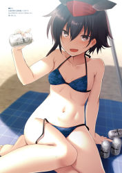 Rule 34 | 1girl, :d, arm support, arm up, bare arms, bare legs, bare shoulders, barefoot, beach, bikini, black hair, blue bikini, blush, breasts, brown eyes, brown hair, can, collarbone, day, hair between eyes, hat, holding, holding can, i-14 (kancolle), kantai collection, looking at viewer, nagami yuu, navel, open mouth, outdoors, sand, short hair, side-tie bikini bottom, sitting, small breasts, smile, solo, swimsuit, translation request, untied bikini, yokozuwari