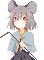 Rule 34 | 1girl, animal ears, black skirt, black vest, blue capelet, blush, capelet, closed mouth, dowsing rod, grey hair, hair between eyes, holding, looking at viewer, mouse ears, nazrin, red eyes, sasaki sakiko, shirt, short hair, simple background, skirt, solo, touhou, upper body, vest, white background, white shirt