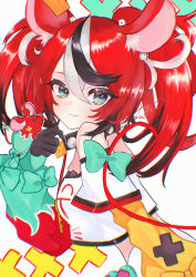Rule 34 | 1girl, :3, absurdres, animal ear fluff, animal ears, aqua bow, aqua sleeves, black gloves, black hair, blue eyes, bow, cheese, collar, dice hair ornament, food, gloves, hair ornament, hakos baelz, highres, hololive, hololive english, huge filesize, looking at viewer, midriff, mouse (animal), mouse ears, mouse girl, mouse tail, mousetrap, mr. squeaks (hakos baelz), multicolored hair, nekoma mimu, off-shoulder shirt, off shoulder, puffy sleeves, red hair, red sleeves, shirt, sidelocks, signature, spiked collar, spikes, tail, tail bow, tail ornament, twintails, virtual youtuber, white hair, white shirt, yellow sleeves