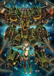 Rule 34 | 1girl, bad id, bad pixiv id, brown hair, casting spell, clenched hands, clothing cutout, garimpeiro, glowing, glowing eyes, green eyes, hair rings, highres, looking to the side, mecha, midriff, open hand, orange eyes, original, pilot suit, robot, stomach cutout