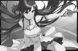 Rule 34 | 1girl, asuna (sao), bare shoulders, braid, closed mouth, commentary, cowboy shot, detached sleeves, dress, english commentary, expressionless, floating clothes, floating hair, french braid, hand up, highres, holding, holding sword, holding weapon, indy k, lambent light, long hair, long sleeves, monochrome, orange eyes, outside border, sidelocks, skirt, skirt set, solo, spot color, sword, sword art online, thighhighs, turtleneck, turtleneck dress, weapon