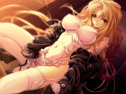 Rule 34 | 1girl, blonde hair, breasts, china dress, chinese clothes, covered erect nipples, dress, game cg, garter straps, huge breasts, jacket, kusakabe yukari, lingerie, long hair, solo, thighhighs, underwear, zaishuu -the sin-