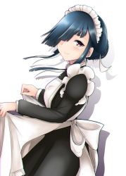 Rule 34 | 1girl, alternate costume, apron, apron lift, black hair, braid, braided bun, clothes lift, enmaided, from side, hair bun, hair over one eye, hayashimo (kancolle), highres, hime cut, kantai collection, lifting own clothes, looking at viewer, looking to the side, maid, maid apron, maid headdress, ootori subaru, purple eyes, simple background, single hair bun, smile, solo, white background