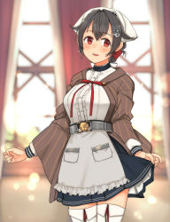 Rule 34 | 1girl, adapted costume, annin musou, belt, black hair, black skirt, blush, breasts, brown shawl, buttons, cowboy shot, curtains, hair between eyes, hair flaps, hair ornament, hairclip, jingei (kancolle), kantai collection, large breasts, long hair, long sleeves, open mouth, pleated skirt, red eyes, shawl, skirt, smile, solo, thighhighs, white thighhighs