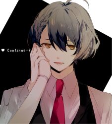 Rule 34 | 1boy, 1other, ahoge, black background, black hair, black vest, braid, brown eyes, charade maniacs, collared shirt, hair between eyes, haizi takumi, hand grab, hand on another&#039;s cheek, hand on another&#039;s face, looking at viewer, male focus, multicolored background, necktie, open mouth, out of frame, portrait, pov, pov hands, qi7pi, red necktie, shirt, short hair, single braid, smile, solo focus, vest, white background, white shirt, wristband