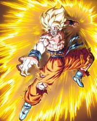 Rule 34 | 1boy, abs, aura, blonde hair, blood, blood on face, dragon ball, energy, green eyes, highres, incoming attack, ki blast, muscular, muscular male, nachairo, scratches, screaming, solo, son goku, spiked hair, super saiyan, tagme, torn clothes