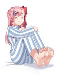 Rule 34 | 1girl, blush, feet, foot focus, girls&#039; frontline, grin, hair ribbon, hideyoshiao1, highres, long hair, looking at viewer, negev (girls&#039; frontline), pajamas, pink hair, red eyes, red ribbon, ribbon, smile, soles, solo, toes, white background