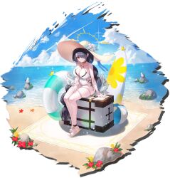 Rule 34 | 1girl, absurdres, ball, beach, beach towel, beachball, black choker, black hair, blue archive, blue ribbon, braid, breasts, bug, butterfly, choker, closed mouth, collarbone, covered navel, criss-cross halter, day, feet, flower, halo, halterneck, hat, hat flower, hat ribbon, highres, hinata (blue archive), hinata (swimsuit) (blue archive), innertube, insect, large breasts, long hair, ocean, official alternate costume, one-piece swimsuit, outdoors, red eyes, ribbon, sand, sandals, single braid, solo, straw hat, sun hat, sunlight, surfboard, swept bangs, swim ring, swimsuit, thigh strap, thighs, toes, towel, very long hair, wakum, water, white one-piece swimsuit