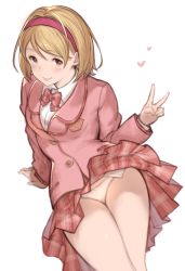 Rule 34 | 10s, :p, arm support, bad id, bad pixiv id, blonde hair, bow, bowtie, brown eyes, djeeta (granblue fantasy), granblue fantasy, hairband, hanarito, heart, highres, looking at viewer, panties, school uniform, skirt, solo, tongue, tongue out, transparent background, underwear, v, wind, wind lift