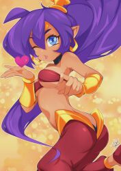 Rule 34 | 1girl, absurdres, ass, blowing kiss, blue eyes, bra, butt crack, delux drawings, from behind, heart, highres, kiss, lips, long hair, one eye closed, pants, pointy ears, ponytail, purple hair, shantae, shantae (series), solo, underwear, very long hair, wink