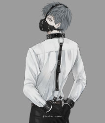 Rule 34 | 1boy, absurdres, arms behind back, bdsm, belt, black collar, black gloves, black pants, bound, bound wrists, brown belt, collar, collared shirt, cowboy shot, cuffs, fate/grand order, fate (series), from behind, gloves, grey background, grey eyes, highres, kainohito, looking at viewer, looking back, male focus, mask, mouth mask, o-ring, pants, saitou hajime (fate), shirt, short hair, simple background, solo, white shirt