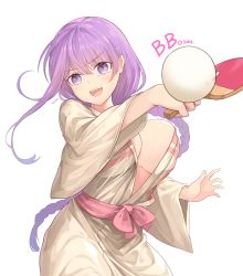 Rule 34 | 1girl, absurdres, bad id, bad pixiv id, ball, bb (fate), bb (fate/extra), blush, bow, braid, breasts, character name, cleavage, fate/grand order, fate (series), head tilt, highres, holding, huyou (awegk), japanese clothes, kimono, large breasts, long hair, long sleeves, looking at viewer, open mouth, paddle, purple eyes, purple hair, round teeth, sash, simple background, single braid, smile, solo, sweat, sweatdrop, table tennis ball, table tennis paddle, teeth, traditional clothes, very long hair, white background, wide sleeves