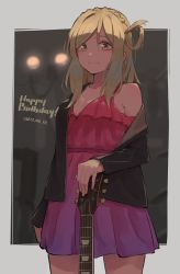 Rule 34 | 1girl, artist name, artist request, bad id, bad pixiv id, bare shoulders, black jacket, blonde hair, blush, braid, breasts, brown eyes, cleavage, collarbone, crown braid, dated, dress, female focus, gradient dress, green eyes, grey background, guitar, hair over shoulder, hair rings, highres, holding, holding instrument, instrument, jacket, long sleeves, looking at viewer, love live!, love live! sunshine!!, ohara mari, parted lips, pink dress, pink skirt, purple skirt, short hair, sidelocks, single bare shoulder, skirt, small breasts, smile, solo, yellow eyes