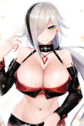 Rule 34 | 1girl, areola slip, bad id, bad pixiv id, bare shoulders, bianca (world flipper), black hair, breasts, choker, cleavage, detached sleeves, green eyes, groin, hair over one eye, hairband, highres, jewelry, large breasts, long hair, looking at viewer, low ponytail, midriff, multicolored hair, navel, necklace, nipples, obaoba (monkeyix), simple background, solo, two-tone hair, white background, white hairband, world flipper