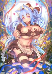 Rule 34 | 1girl, ai gon deroga, animal ears, bad id, bad twitter id, blue hair, blush, breasts, cat ears, cleavage, eyebrows, gloves, hair ribbon, heart, heart hands, highres, huge breasts, long hair, looking at viewer, navel, original, pink eyes, purple eyes, ribbon, skirt, smile, solo, striped clothes, striped thighhighs, thick eyebrows, thighhighs