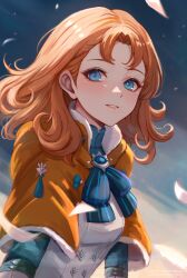 Rule 34 | 1girl, annette fantine dominic, blue eyes, brooch, capelet, commentary, dress, fire emblem, fire emblem: three houses, grin, highres, jewelry, leonmandala, long hair, long sleeves, looking at viewer, nintendo, orange capelet, orange hair, smile, solo, upper body, white dress