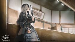 Rule 34 | 1girl, absurdres, black dress, black gloves, black hair, blue eyes, dress, folding fan, gloves, grey hair, hand fan, highres, holding, holding mask, hololive, hololive dev is, hz (helu 2), juufuutei raden, long hair, mask, multicolored hair, noh mask, signature, stage, two-tone hair, virtual youtuber