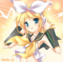 Rule 34 | 1girl, arm warmers, blonde hair, blouse, blue eyes, blush, bow, clothes lift, hair bow, hair ornament, hairclip, hands on headphones, headphones, kagamine rin, looking at viewer, lowres, microphone, music, musical note, navel, open mouth, quaver, ribbon, sailor collar, satomi hinako, sheet music, shirt, shirt lift, short hair, singing, sleeveless, solo, stomach, swept bangs, upper body, vocaloid, watermark, web address, white bow, white shirt, yellow ribbon