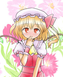 Rule 34 | 1girl, ascot, bad id, bad pixiv id, blonde hair, blush, female focus, finger to mouth, flandre scarlet, flower, hat, hat ribbon, looking at viewer, nightcap, red eyes, ribbon, short hair, side ponytail, simple background, solo, touhou, usagikoya, vampire, wings, wrist cuffs
