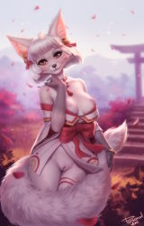 Rule 34 | 1girl, animal ears, bell, black nails, bow, bracelet, breasts, breasts out, cleft of venus, colored skin, cowboy shot, crush crush, facial mark, falling petals, fingernails, fox ears, fox girl, fox tail, furry, furry female, hair bell, hair ornament, head tilt, highres, japanese clothes, jewelry, jingle bell, kimono, looking at viewer, medium breasts, medium hair, nail polish, nipples, off shoulder, orange eyes, parted lips, personal ami, petals, pussy, red bow, short kimono, signature, smile, solo, stairs, standing, suzu (crush crush), tail, torii, uncensored, whisker markings, white hair, white skin