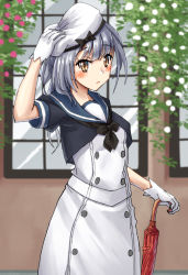 Rule 34 | 1girl, blue sailor collar, blurry, brown eyes, cosplay, depth of field, dress, gloves, grey hair, hat, jervis (kancolle), jervis (kancolle) (cosplay), kantai collection, kasumi (kancolle), long hair, mayura (lucadia), planted, planted umbrella, red umbrella, sailor collar, sailor dress, sailor hat, side ponytail, solo, umbrella, white dress, white gloves, white hat, window