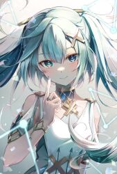 Rule 34 | 1girl, aqua eyes, aqua hair, aqua nails, bare shoulders, blush, closed mouth, clothing cutout, commentary, cowlick, dress, faruzan (genshin impact), genshin impact, hair ornament, hand up, highres, index finger raised, karen (navy 42), long hair, looking at viewer, shoulder cutout, smile, solo, symbol-shaped pupils, triangle-shaped pupils, twintails, upper body, white dress, wristlet, x hair ornament