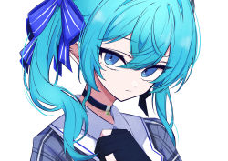Rule 34 | 1girl, absurdres, black choker, blue eyes, blue hair, choker, closed mouth, collared shirt, hair between eyes, highres, hololive, hoshimachi suisei, hoshimachi suisei (1st costume), long hair, looking at viewer, nanashnojo, shirt, simple background, solo, star (symbol), twintails, upper body, virtual youtuber, white background