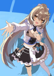 Rule 34 | 1girl, :d, ahoge, asymmetrical sleeves, black skirt, bow, brown eyes, brown hair, buttons, cleavage cutout, clothing cutout, crop top, double-breasted, fingernails, hair ornament, hair ribbon, hairclip, half-skirt, hand on own chest, highres, hololive, hololive english, hololive idol uniform, hololive idol uniform (bright), long hair, looking at viewer, multicolored hair, nanashi mumei, official alternate costume, open mouth, outstretched hand, pantyhose, plaid, plaid skirt, pleated skirt, ponytail, print pantyhose, ribbon, simple background, single leg pantyhose, skirt, smile, solo, streaked hair, teeth, ten-chan (eternal s), uneven sleeves, unfinished, upper teeth only, very long hair, virtual youtuber, white footwear, white pantyhose