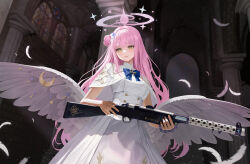 Rule 34 | 1girl, blue archive, capelet, closed mouth, commentary, dress, falling feathers, feathered wings, feathers, gun, hair bun, halo, highres, holding, holding gun, holding weapon, light rays, light smile, long hair, low wings, mika (blue archive), pillar, pink hair, pink halo, shotgun, single hair bun, single side bun, sunj000, upper body, weapon, weapon request, white capelet, white dress, white feathers, white wings, wings, yellow eyes